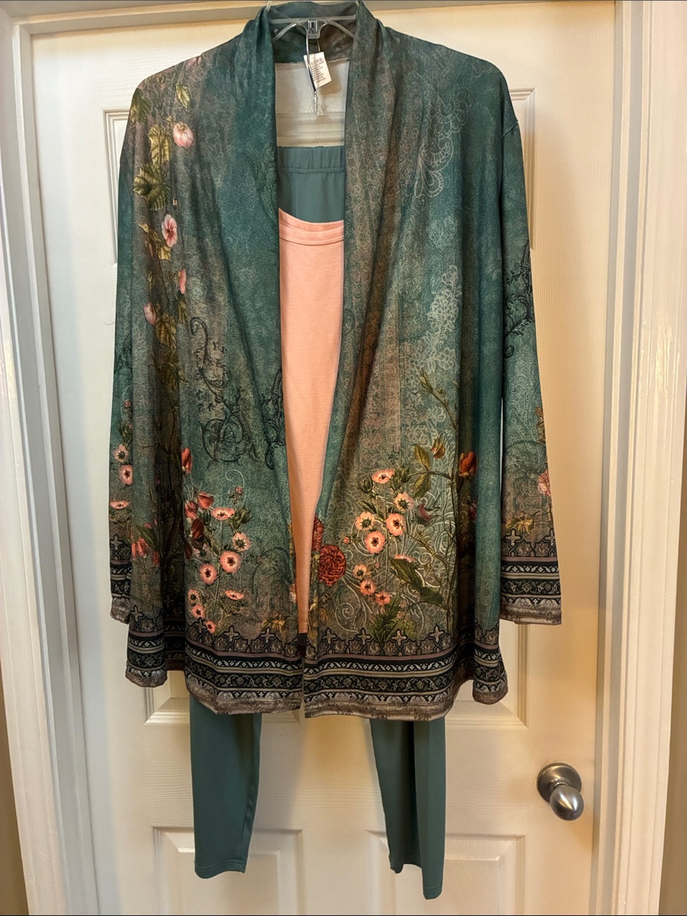 Floral Teal Open-Front Women's Kimono, Tank Top 2X & Pants 1X